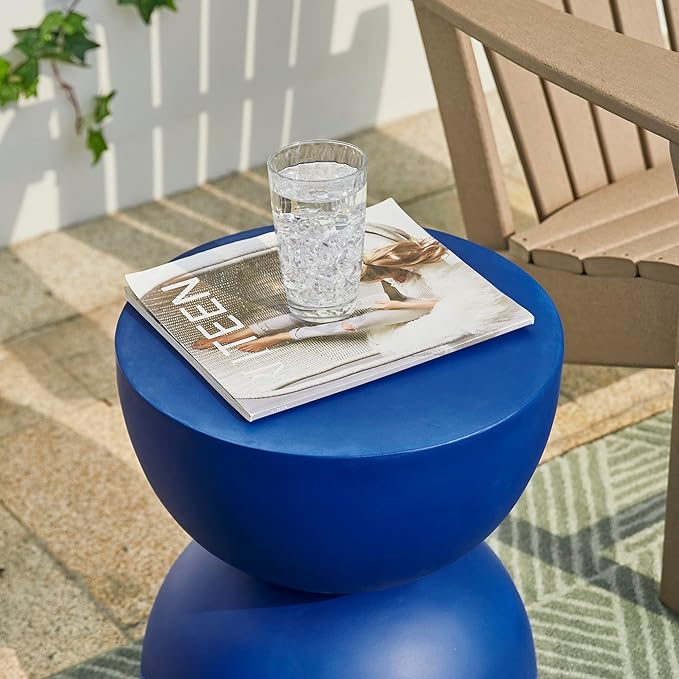 Glitzhome Outdoor Side Table, Round Accent End Table, Lightweight Hourglass Faux Terrazzo Decorative Garden Stool, 17.75" H Cobalt Blue Planter Stand for Patio Porch Balcony Living Room