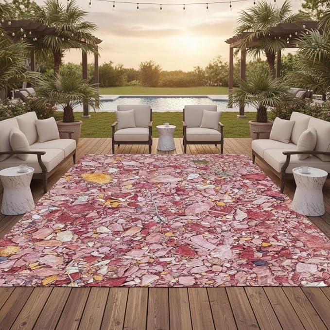 Pink Irregular Gravels Waterproof Outdoor Rug 6x9 Ultra Thin Non Skid Washable Easy Clean Durable Rugs for Backyard Balcony Garden Camping Pool Patios Deck Natural Indoor Outside Carpets