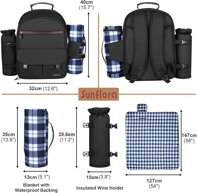 Sunflora Insulated Picnic Backpack for 2 Person Bag with Cooler Compartment, Wine Pouch, Blanket and Stainless Steel Cutlery Set for Couple, Lovers and Friends (Black)