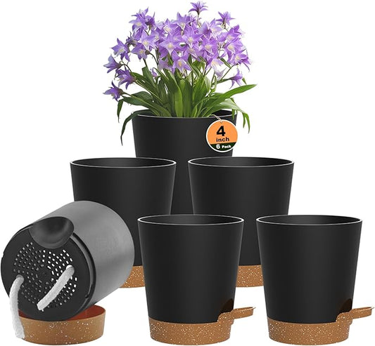 Self Watering Pots, 4 inch Flower Pots with Multi Mesh Drainage Holes, Small Platic Planters for Indoor Outdoor Garden Plants and Flowers (Black with Brown Tray, 4")