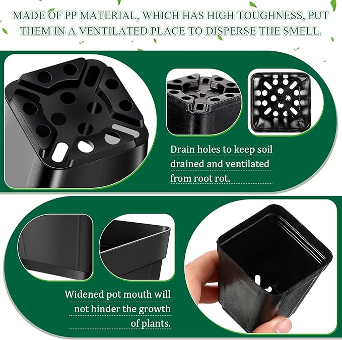 Nuanchu 500 Pack 2 Inch Square Nursery Pots, Small Plastic Seedling Pots with Drainage Holes, Mini Planting Planters for Garden Outdoor Indoor Flower Succulent Vegetable Starting Seedlings, Black