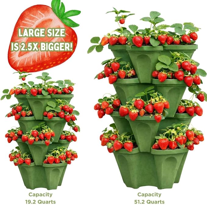 Large Vertical Planter Tower, 4 Tier Stackable Garden Planter, 28 Plant Sites, Heavy Duty Strawberry Planter, Vertical Growing System with Center Hole, Made in USA (4, Sagebrush Green, Large)