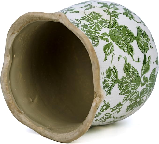 Rustic Ceramic Planter, 6 Inch Tuscan Vintage Flower Pot with Drainage, Farmhouse Garden Pot for Indoor Plants, Kitchen & Garden Tuscan Decor, Plant Lover Gift (Green)