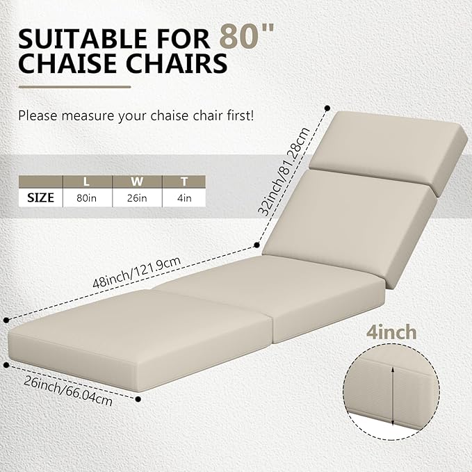 Chaise Lounge Cushions Outdoor, 80 x 26 x 4 Inch Lounge Chair Cushions for Outdoor Furniture - Waterproof Lounge Patio Replacement Cushion, 4In Fade-Resistant ThickPatio Chaise Lounge Cushion