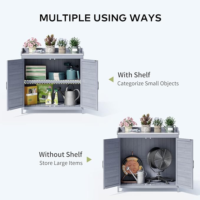 Gizoon Outdoor Potting Bench with Metal Tabletop, Outdoor Garden Patio Wooden Storage Cabinet with Adjustable Shelf, Double Doors Garden Work Bench for Backyard, Patio, Lawn - Grey