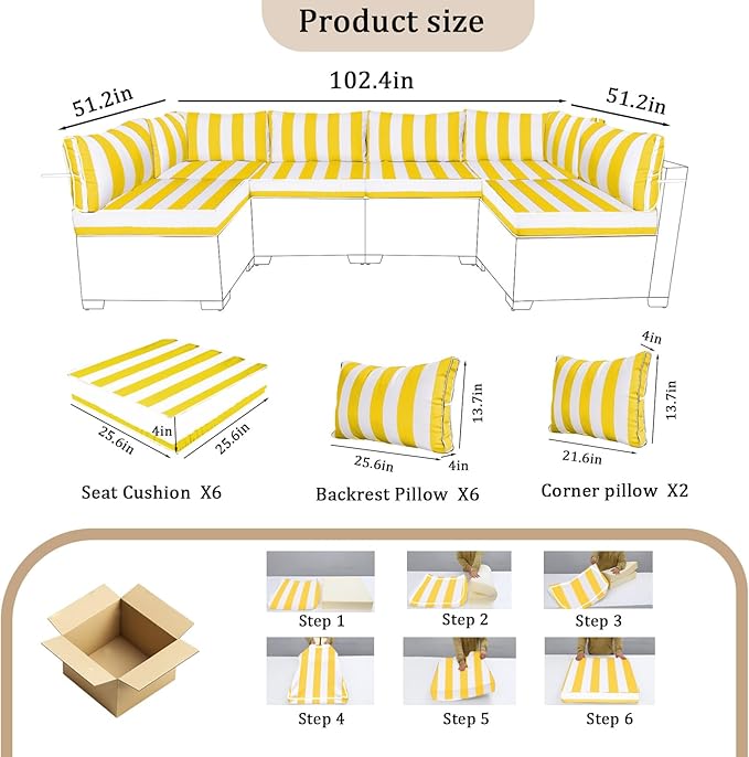 14 Pieces Outdoor Sectional Replacement Cushions for Patio Furniture, 4in Thick Outdoor Sofa Cushions for 6 Seat, Waterproof Deep Seat Couch Patio Cushions Set (Bright Yellow and White)