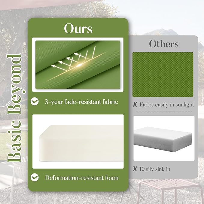 Basic Beyond Outdoor Chair Cushions for Patio Furniture, Waterproof Outdoor Seat Cushions Set of 4 19 x 19, Patio Chair Cushions Set of 4 with Ties and Handle, Grass Green/White