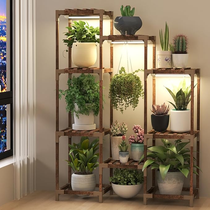 HOMKIRT Plant Stand with Grow Light, Lighted Plant Shelf Indoor for Multiple Plants, Wood Tall Plant Rack with Grow Lights Flower Stand for Corner, Living Room, Patio, Garden