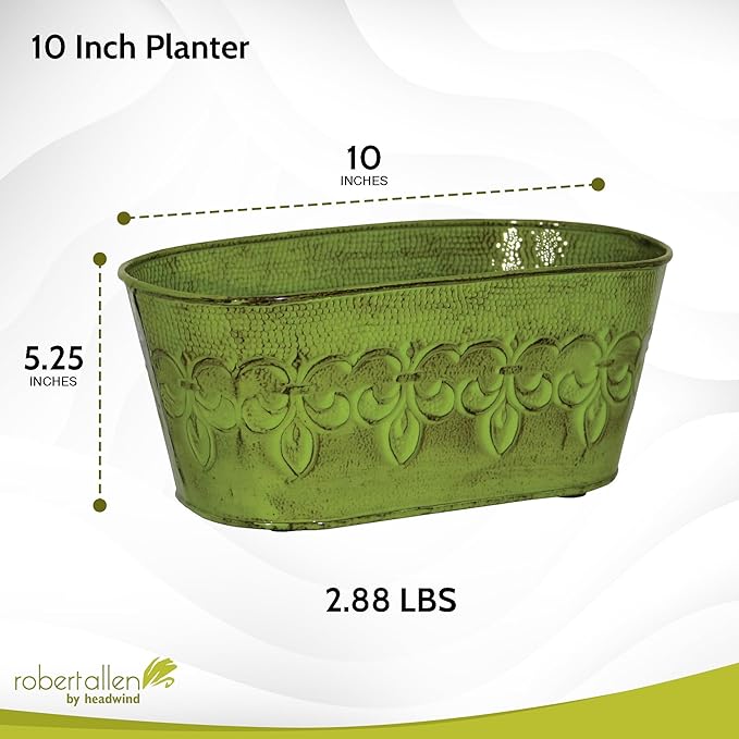 Headwind Ironlite Fleur De Lis Collection – 10" Tansy Green Oval Decorative Planter with Drain Plug – Lightweight Metal Garden Pots for Indoor & Outdoor Planters Use by Robert Allen