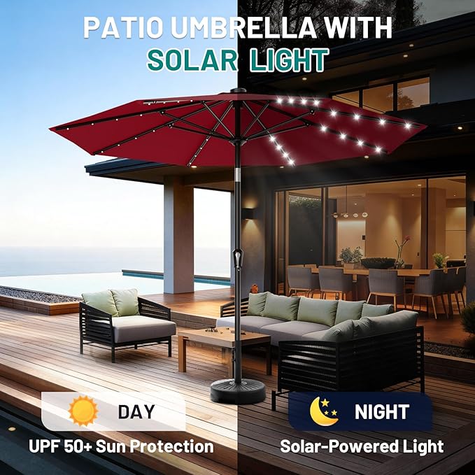 AreShark 9FT Patio Umbrella with Solar Lights, 32 LED Lighted Pool Umbrella w/Tilt and Crank, Outdoor Market Solar Umbrellas for Garden, Deck, Backyard, Pool and Beach, Dark Red
