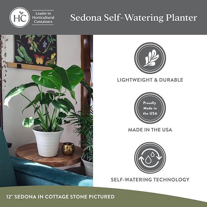 The HC Companies Sedona Round Self-Watering Pot - Lightweight Self Care Planter - Plastic Planter for Herbs & More - Durable Plant Pots for Indoor Plants & Outdoor Plants (12" Slate Blue, Pack of 1)
