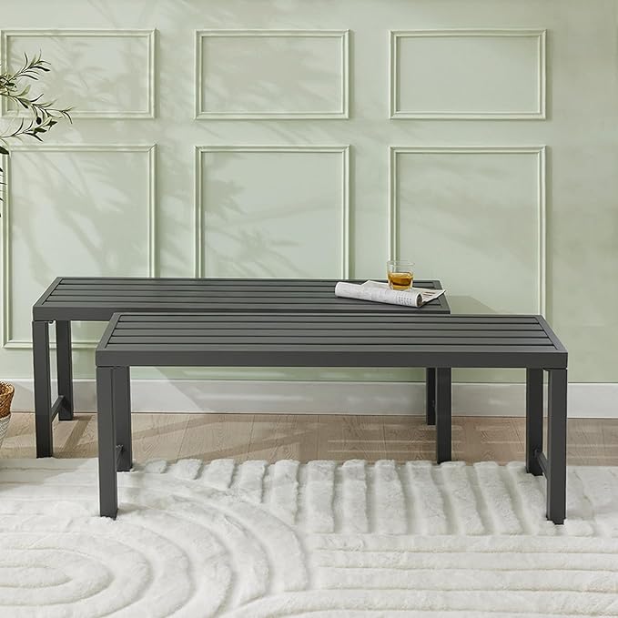Outdoor Metal Backless Bench, Set of 2,Weatherproof Patio Bench with Slatted Seat, All-Weather Garden Bench for Porch, Patio, Lawn and Backyard, Grey