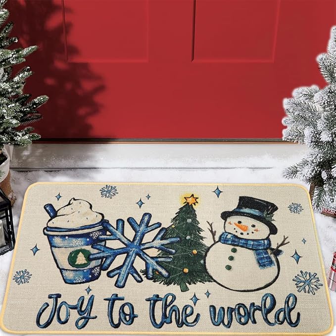 Christmas Welcome Doormat，Winter Outdoor Snowman Ice Cream Snowflake Xmas Tree Rug Decor Floor Front Door Mat Non-Slip Entrance Mat for Home Kitchen Bathroom Decorations 17 X 29 Inch