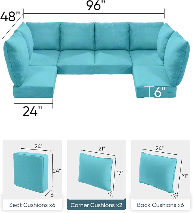 Luxury 24x24x6 Outdoor Furniture Cushions for 6-Seat Sectional Sofa Set of 6 - Water-Repellent 14-Piece Patio Cushion Set for Outside Wicker Loveseat Chair L-Shape Couch - Turquoise/Classic