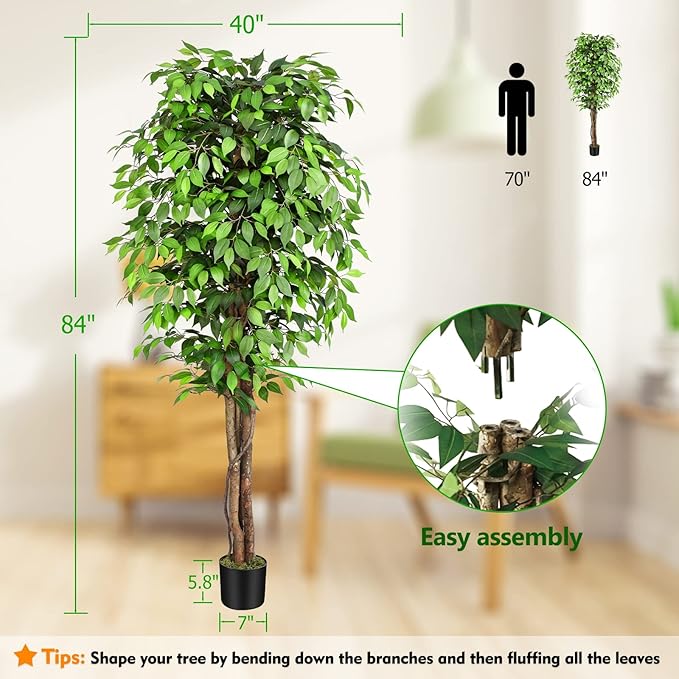 7ft Large Ficus Artificial Trees with Natural Curved Trunks, 84" Tall Lush Faux Tree for Home Decor Indoor, Green Lifelike Fake Ficus Tree Artificial Plants in Pot（Set of 2）