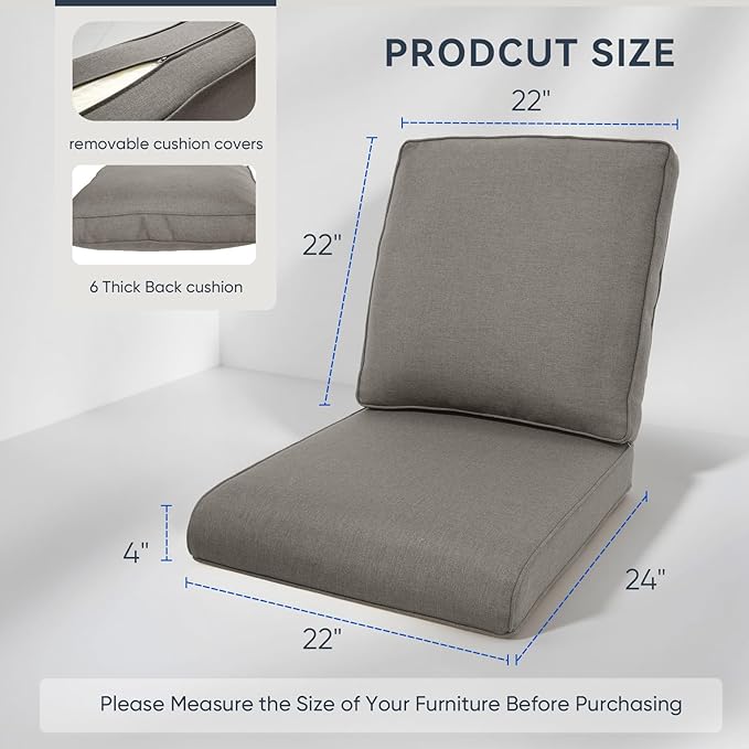 Outdoor Chair Cushions 5 Packs - Outside 22x24 High Back Water-Resistant Cushion with Zipper Cover for Outdoor Glider Rocking Chairs Loveseat 3-seat Couch Sofa – Grey/Regular