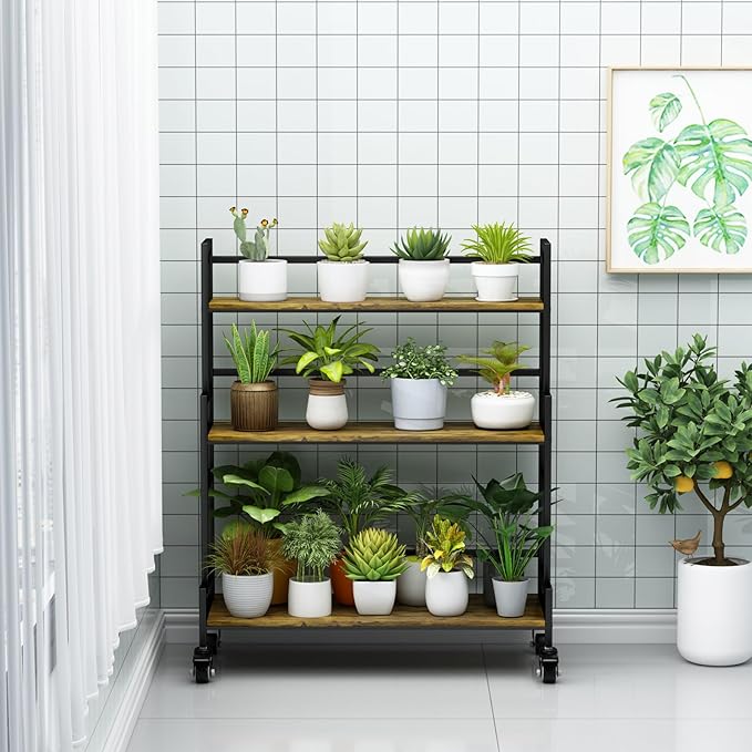 YIZAJIA Plant Stand Indoor 3 Tier Metal Board Outdoor Tiered Stands Shelf With wheel for Multiple Plants Potted Ladder Plant Holder Table Plant Pot Stand for Window Garden Balcony Living Room (3 Tier-Black+Metal)