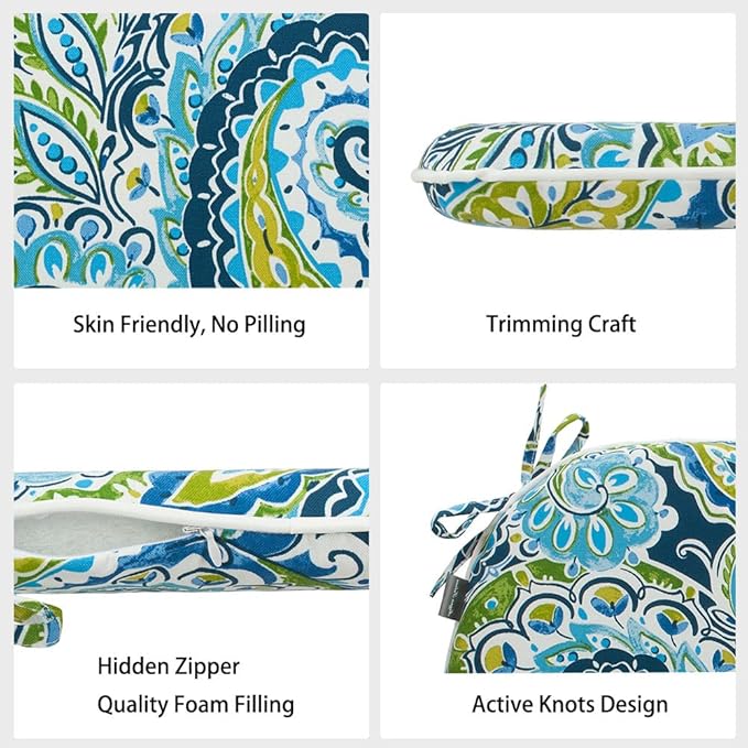 Magpie Fabrics Outdoor/Indoor 17"x16"x2" Chair Cushions with Ties Set of 2, Waterproof All Weather U-Shape Seat Pads Decoration for Patio Garden Furniture Home Office (Paisley Lapis Green)