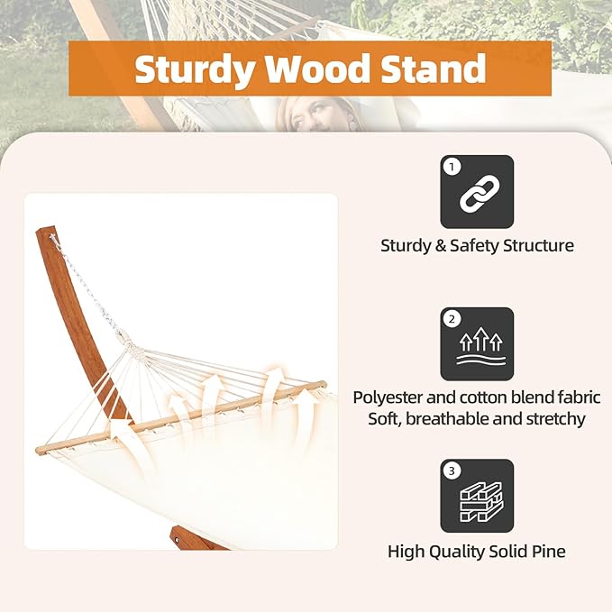 ECOTOUGE 12 FT Hammock with Stand for Outside, Single Person Heavy Duty Wooden Hammock Stand, Large Hammock Bed for Porch, Patio, Balcony, Garden, Backyard, White-Yellow