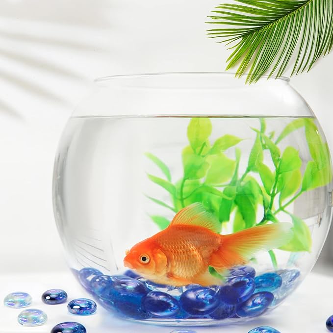 DomeStar 65PCS Iridescent Blue Flat Marbles, Decorative Glass Pebbles Beads Vase Fillers Decorative Fish Tank Aquarium Rocks for Centerpieces Table Decor