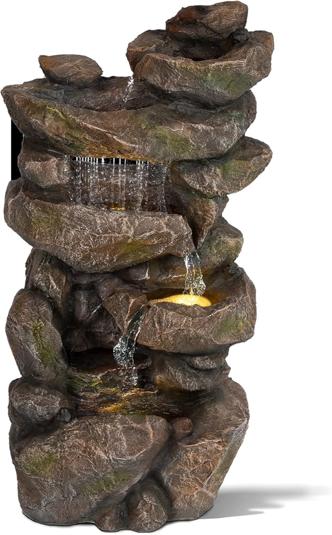 Ferrisland 31.5” Outdoor Rock Waterfall Fountain – 5-Tier Rustic Cascading Water Feature with LED Lights | Relaxing Flow & Ambient Glow for Garden, Patio, Yard | Stylish Home Decor Idea