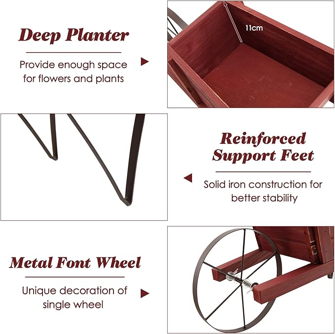 S AFSTAR Wood Wheelbarrow Planter, Flower Plant Pot Wheelbarrow Cart w/Metal Wheel & 9 Replaceable Magnet Accessories, Wooden Wagon Planter Wheelbarrow Decor for Outdoor Garden Backyard (Red)