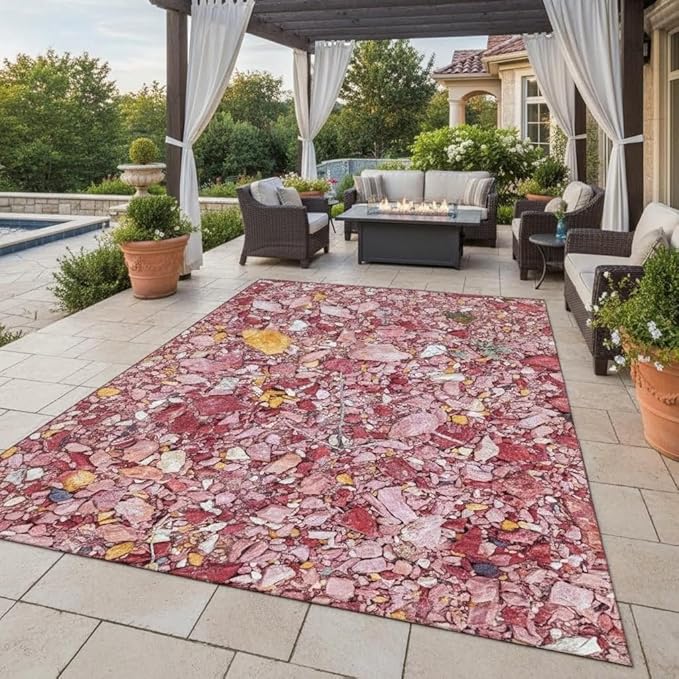 Pink Irregular Gravels Waterproof Outdoor Rug 5x8 Ultra Thin Non Skid Washable Easy Clean Durable Rugs for Backyard Balcony Garden Camping Pool Patios Deck Natural Indoor Outside Carpets