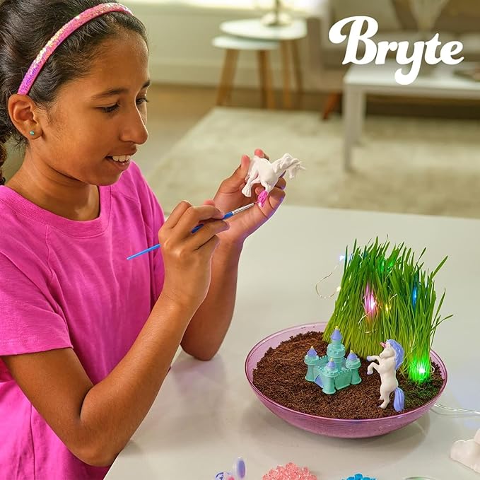 BRYTE Light Up Unicorn Terrarium Kit - Blue & Pink Round Plastic Dome, Ages 4-12 - Fairy Garden Kids Kit with Seeds & Terrarium Rock