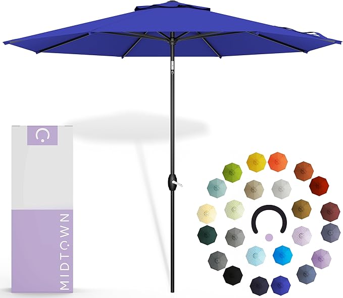 Midtown Umbrellas - 10-Year-No-Fade 10 Ft Patio Umbrella with Terylast Fabric, Auto-Tilt Aluminum Frame and 8 Reinforced Ribs for Deck, Pool, Garden & Beach - Royal Blue Canopy, Black Pole