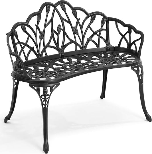 HOMEFUN Outdoor Bench, Patio Garden Benches Metal Loveseat Cast-Aluminum Outside Furniture for Park Lawn Front Porch Black