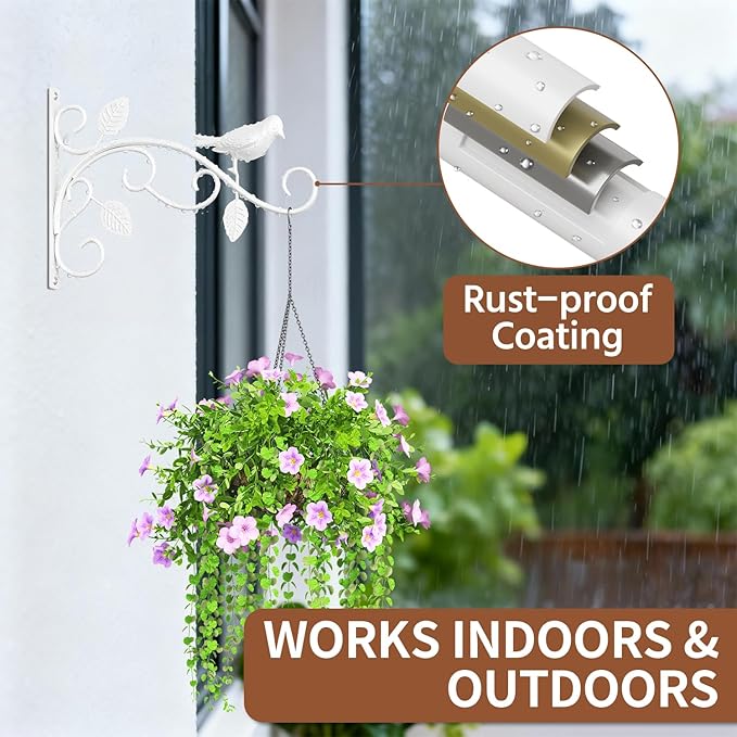 LASZOLA 4 Pack 12 Inch Hanging Plant Brackets, Heavy Duty Iron Wall Hooks with Decorative Bird and Leaf, Rust Proof Metal Outdoor Fence Hangers for Bird Feeders, Planters, Wind Chimes, Lanterns, White