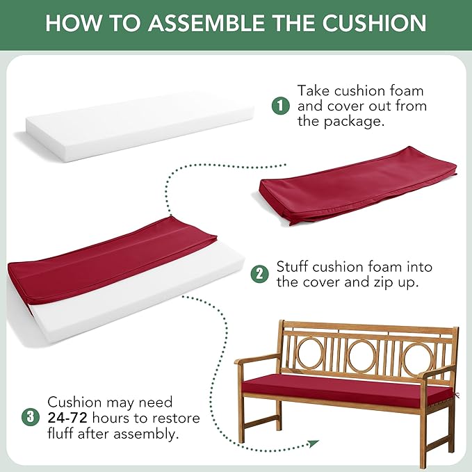 Outdoor Bench Cushion: Waterproof and Fade Resistant Patio Furniture Cushions - Non-Slip Bench Pad Cushion with Removable Cover for Garden Swing Porch Sofa Settee, 42 x 18 Inch, Burgundy