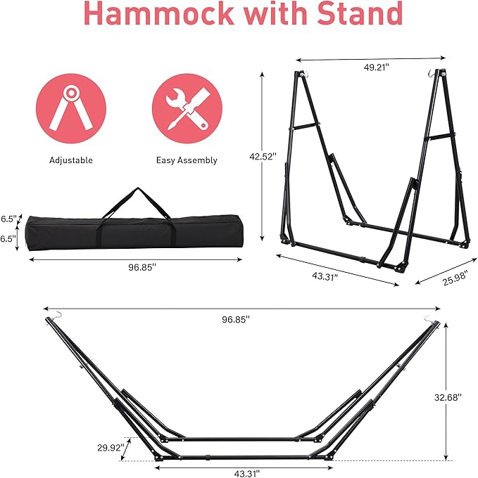Ainfox Hammock with Foldable Stand, 2 in 1 Hammock and Swinging Chair with Carrying Bag, Portable Camping Chair Suitable for Outside, Swing,Patio,Garden,Camping Trip Pink