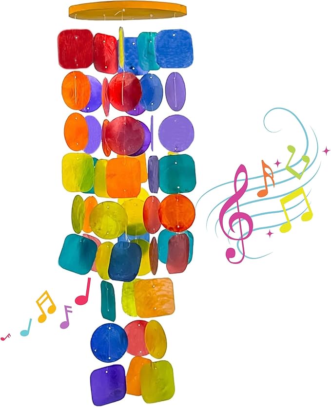 Bellaa Handmade Wind Chimes Outdoor, Musical, Garden Decorations, Outside Windchimes, Beach, Ocean, Breeze, Gifts for Mom, Capiz Sea Glass Shells Wood Rainbow