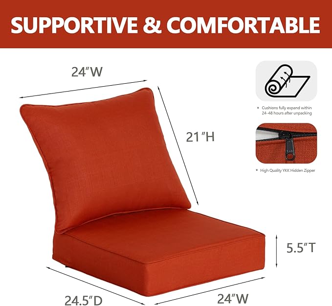 Goodgoods 24 x 24 Outdoor Patio Deep Seat Cushions 2-Pack, 1000+ Hours Fade-Resistant & Water-Resistant Outdoor Furniture Chair Cushions with 30D High-Resilience Foam for Sofa Chair, Quarry Red