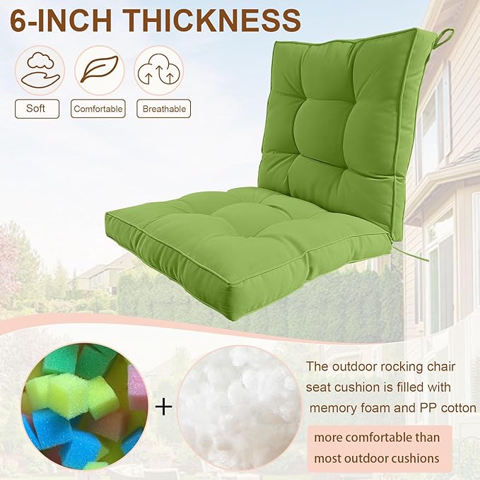 2 Piece Outdoor Patio Chair Cushions, Fade Resistant Outdoor Cushions for Patio Furniture, 6 inch Thickened Rocking Chair Cushions Set (Light Green, 24x24x6 inch - 2 Pieces)