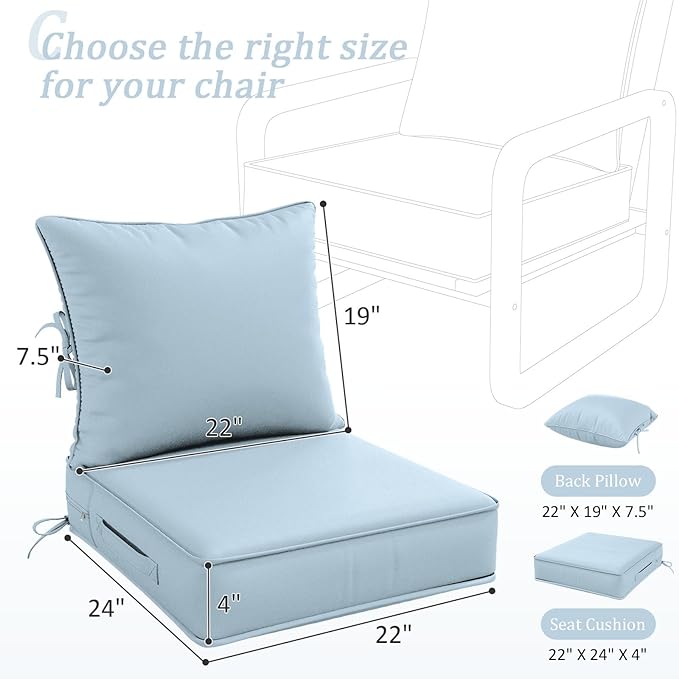 Outdoor Patio Chair Cushions Set 22 L X 24 W X 4 H Waterproof & Fade Resistant Deep Seat and Back Cushions with Removable Covers Outdoor Seat Cushion Set for Chairs and Sofas