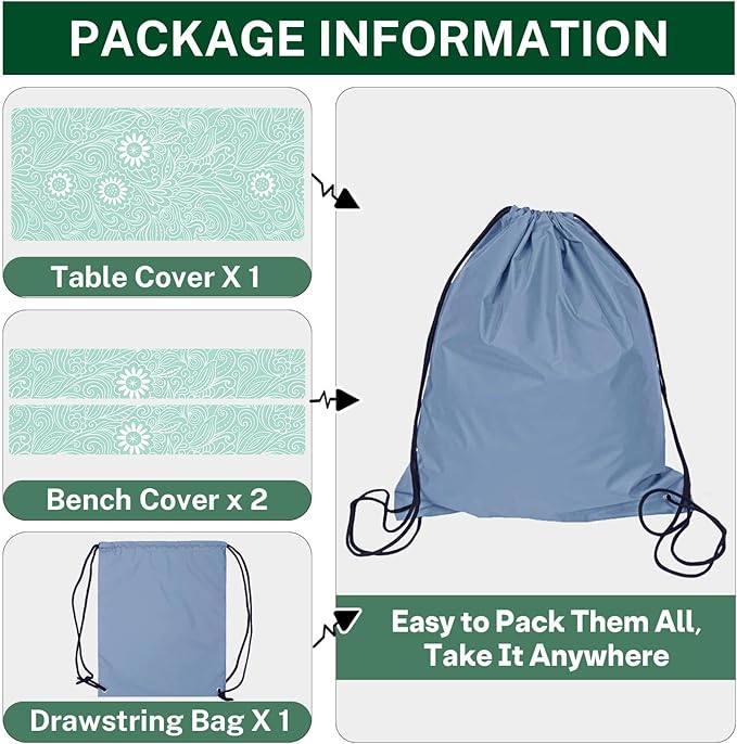 Picnic Table Cover with Bench Covers Elastic Edges, Boho Camper Fitted Table Cover, Outdoor Patio Camping Essentials 72 Inch 3PCS, Waterproof Camping Fitted Tablecloth with Drawstring Bag