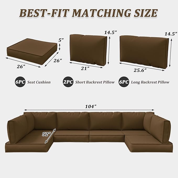 14-Piece Outdoor Cushions for Patio Furniture Thick Outdoor Chair Cushions 5" Foam High-Density Water-Resistant Deep Seat Cushion for 6-Seat Sectional Sets Liner&Cover Chocolate