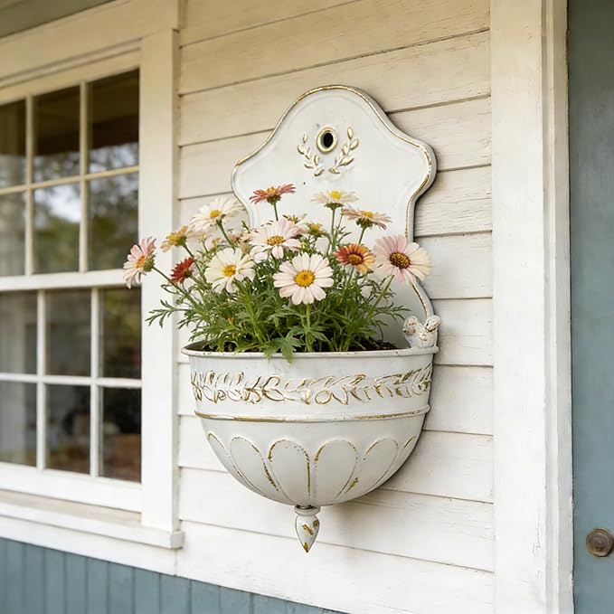 Vintage Distressed White Metal Wall Planter, Rustic Hanging Pocket Planter with Scrollwork & Scalloped Design, Farmhouse Wall Decor for Indoor & Covered Outdoor Garden, Porch & Entryway