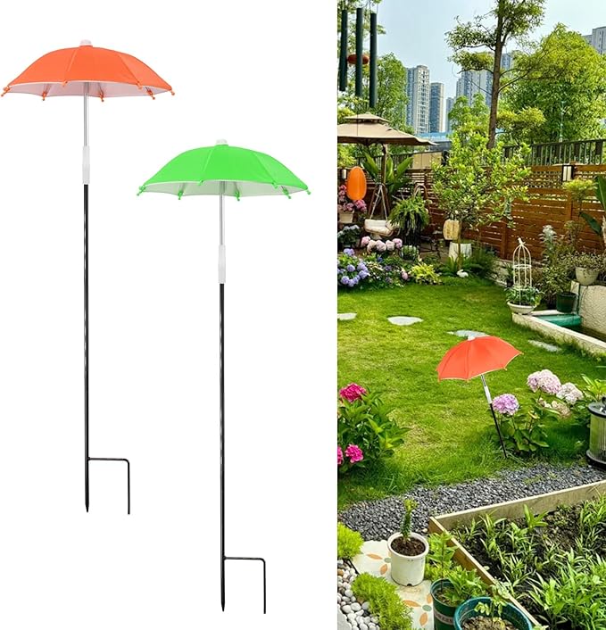 2 PCS Plant Umbrellas, 10.6 Inch Diameter Small Mini Adjustable Height (23.2-31.1 Inch) Shade Umbrella for Outdoor Potted Plants Garden Bed Flower Pot Decor (Green and Orange)