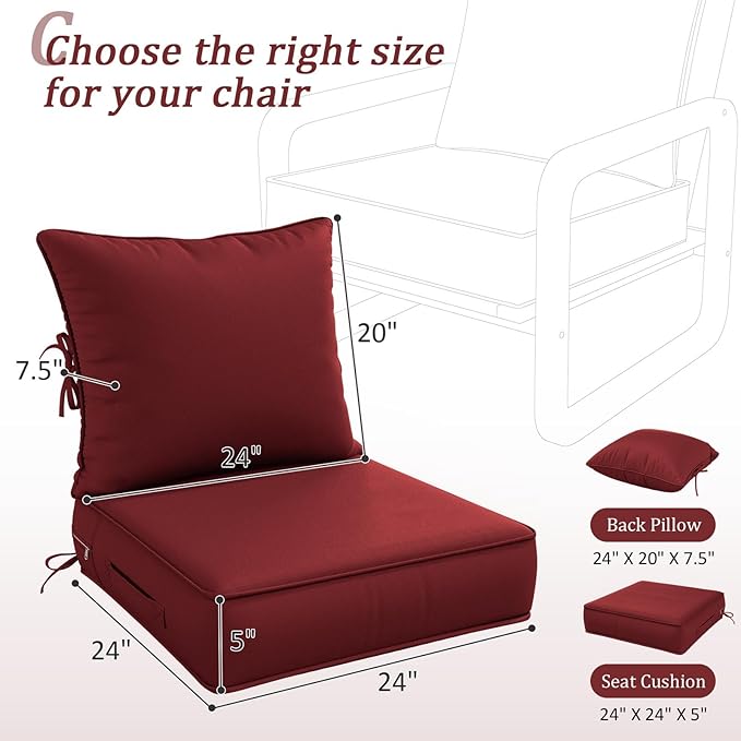 Outdoor Patio Chair Cushions Set 24 L X 24 W X 5 H Waterproof & Fade Resistant Deep Seat and Back Cushions with Removable Covers Outdoor Seat Cushion Set for Chairs and Sofas