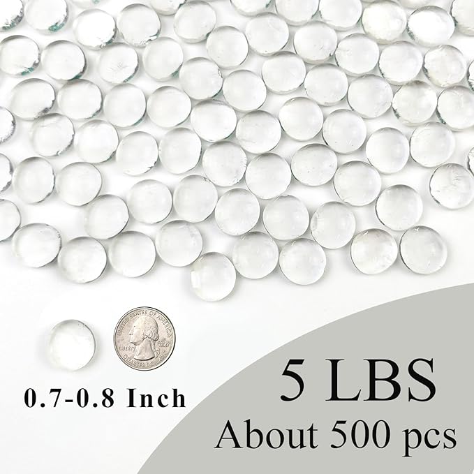 5Lb Clear Glass Pebbles, Flat Glass Marbles, Decorative Glass Gem Stones for Vase Fish Tank Fountains Crafts Centerpieces Fire Pit and Home Decor