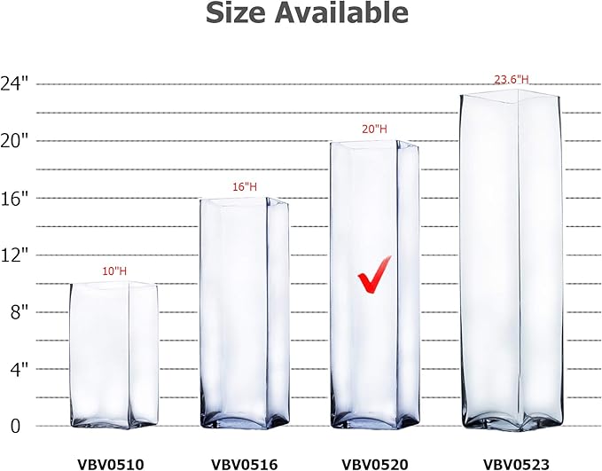 WGV Tall Square Vase Glass Block, Length 5", Height 20", Clear Large Floral Plant Container, Fish Tank, Planter Terrarium for Wedding Party Event, Home Office Decor, 1 Piece