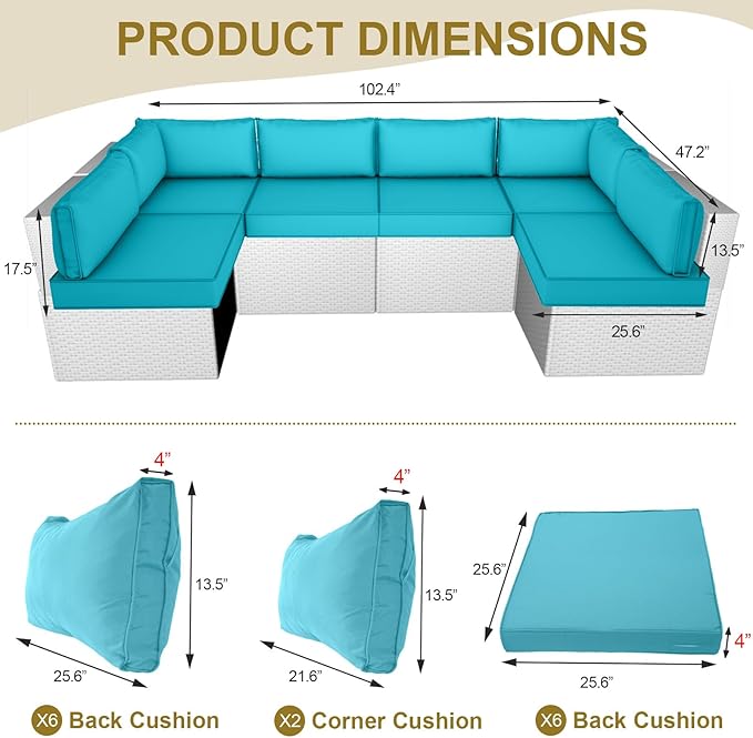 Outdoor Replacement Cushions for Patio Furniture,14-Piece Patio Water-Resistant Replacement Sofa Cushions,Fits 6-seat Sectional Rattan Conversation Set,Liner&Cover (Lake Blue)