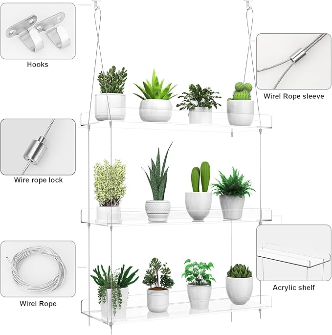 2-Pack Hanging Clear Plant Shelves for Windows, 3-Tier Acrylic Window Wall Plant Stand Shelf for Kitchen Window Indoor Gardens, Flower,Fleshy Plant,Herb, Seedling Organization, and Plants Pots Display