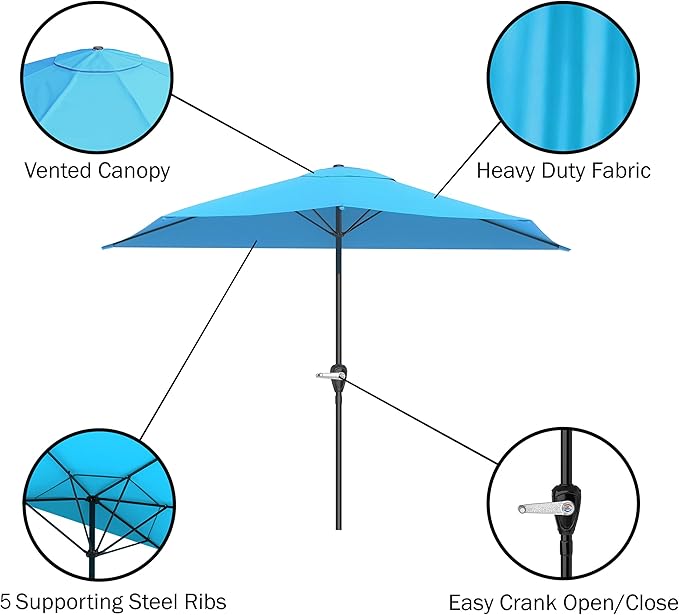 Half Umbrella Outdoor Patio Shade - 9 ft Patio Umbrella with Easy Crank - Small Canopy for Balcony, Table, or Deck by Pure Garden (Brilliant Blue)