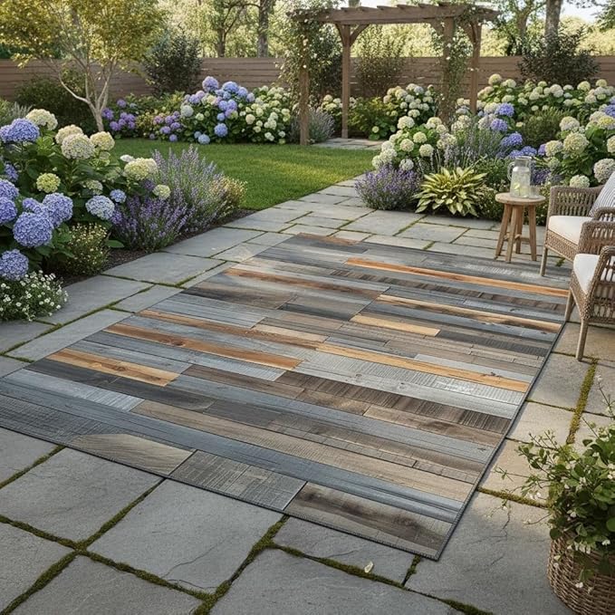 Gray Brown Old Wooden Outdoor Rug 5x7 Rustic Wood Grain Waterproof Outdoor Area Rug for Balcony Backyard Patio Deck Pool Modern Washable Stain Resistant Camping Picnic Outside Carpet Floor Mat