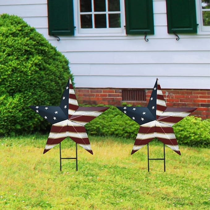 Metal USA Letter Yard Sign with Stake, Patriotic Barn Star Garden Stake Hanging Wall Decor, Outdoor Garden Lawn American Decor for 4th of July Independence Day Memorial Day