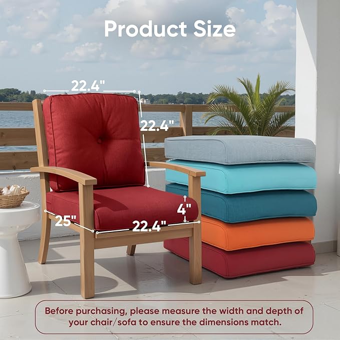 Outdoor Cushion Set of 4, Waterproof Outdoor Seat Cushions 25x22, Patio Chair Cushions for Outdoor Furniture, Couch Cushion Replacement, Include 4 Back & 4 Seat Cushions, Red